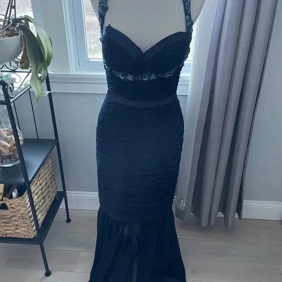 FAVIANA Couture Shirred Chiffon Mermaid Style Gown with Intricate Beading - Picture 4 of 11